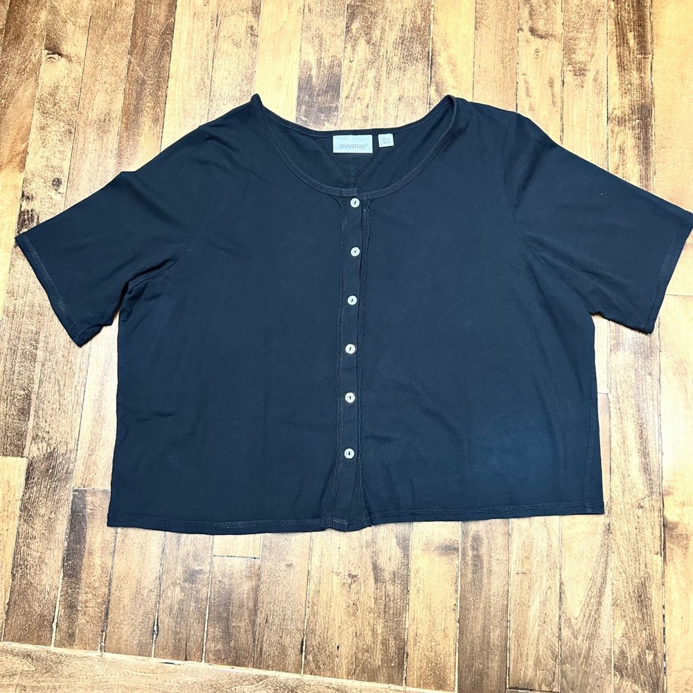 Avenue Button Front Top Black Pima Cotton Short Sleeve Plus Size Womens